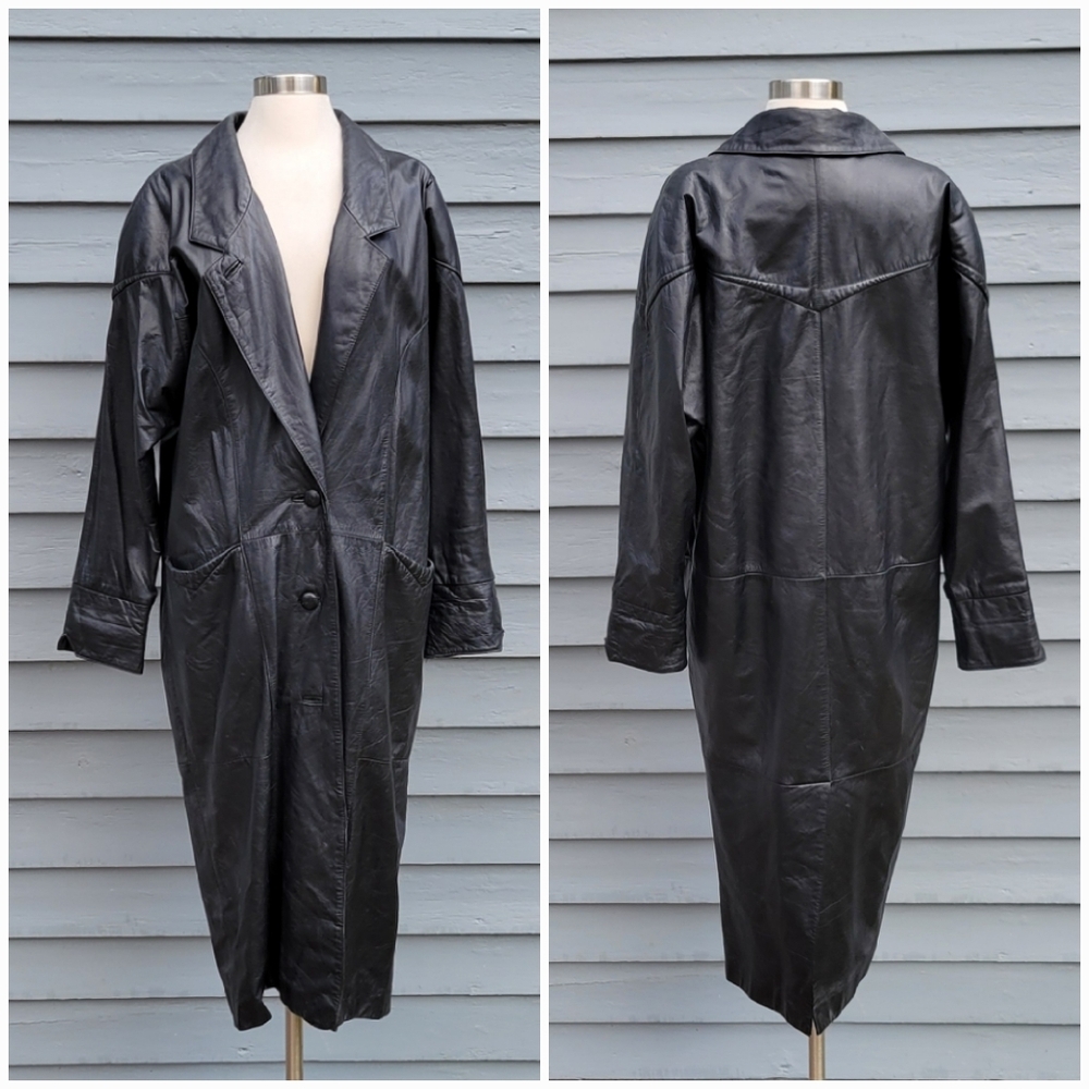 Vintage 90s y2k Avanti Black‎ Leather Trench Over Sized Coat Small